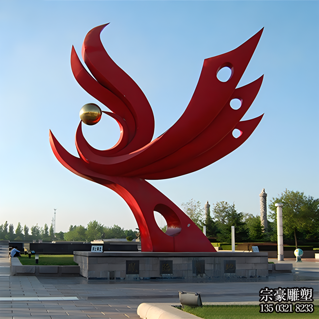 不銹鋼抽象鳳凰雕塑，紅色丹鳳朝陽不銹鋼景觀雕塑