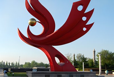 不銹鋼抽象鳳凰雕塑，紅色丹鳳朝陽不銹鋼景觀雕塑