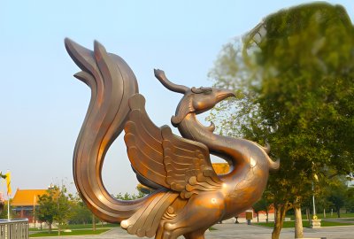 朱雀銅雕，紫銅色鑄銅神獸朱雀雕塑