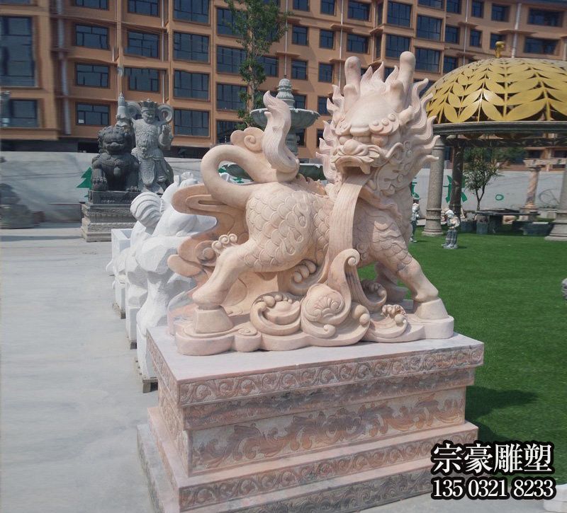 校園創意石雕晚霞紅麒麟雕塑